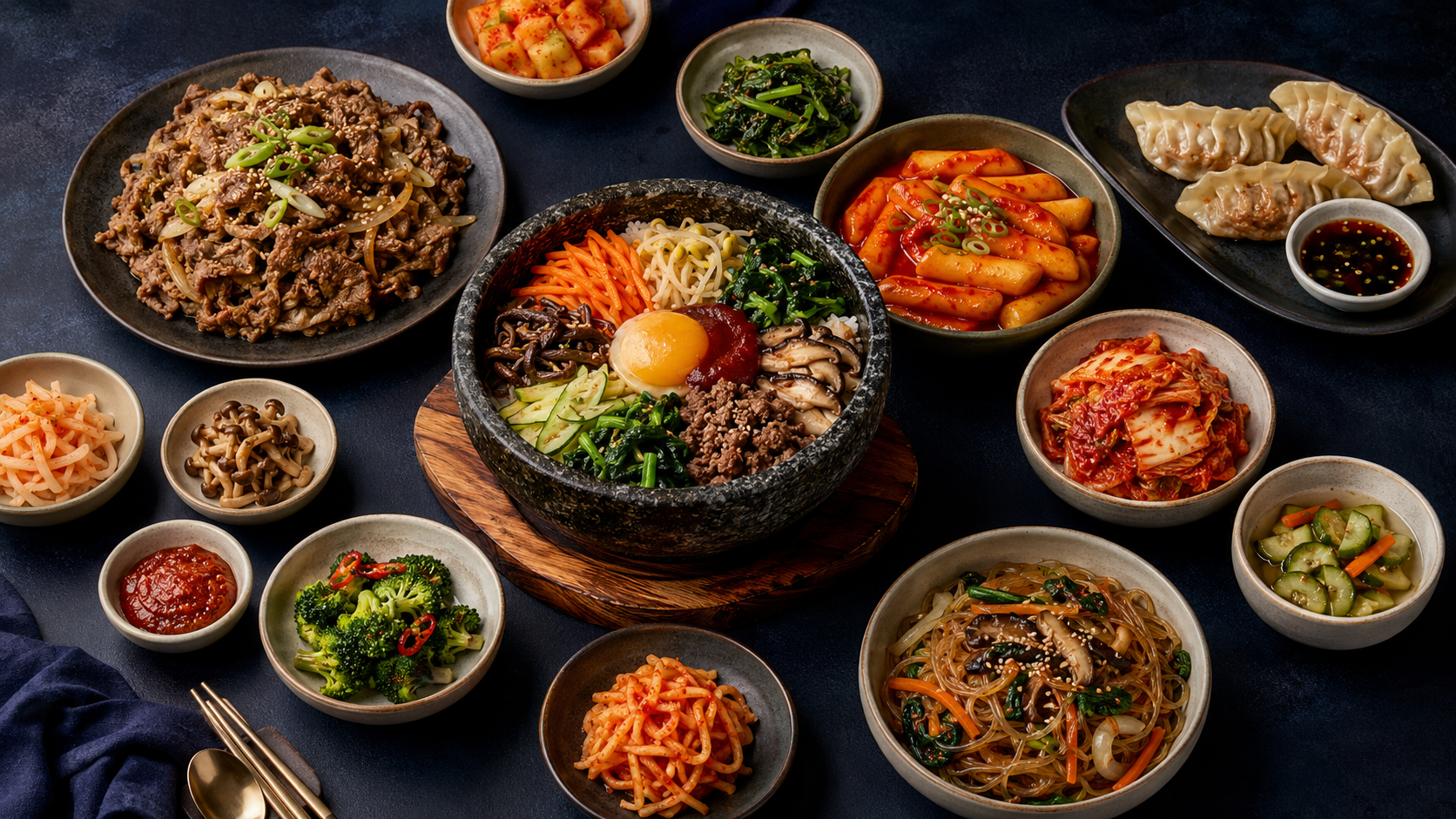 A Korean table filled with bibimbap, bulgogi, kimchi, tteokbokki, japchae, mandu and banchan